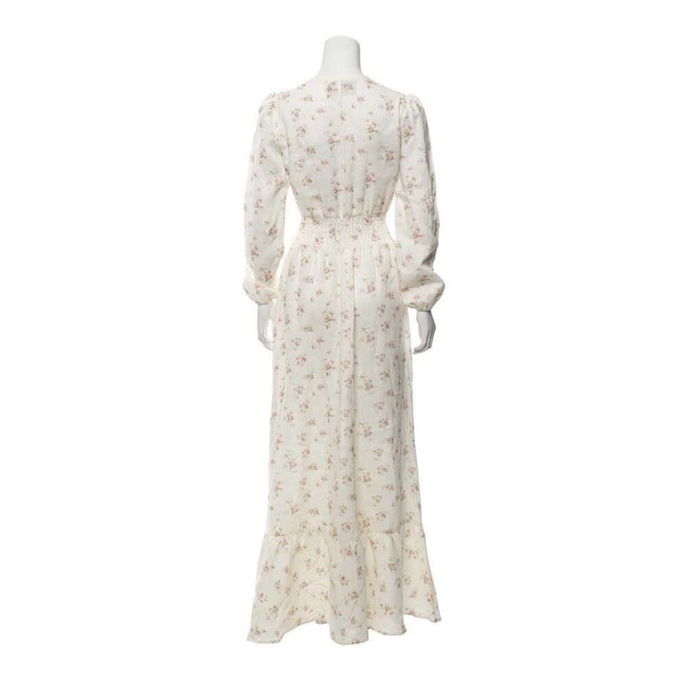 Reformation Linen Floral Maxi Dress Small Puff Sleeve Smocked Waist Cream Ivory - Picture 4 of 13